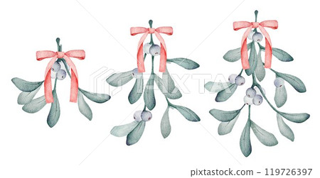Christmas mistletoe bouquets with red ribbon pastel watercolor paintings set Christmas mistletoe bouquets with red ribbon pastel watercolor paintings set 119726397