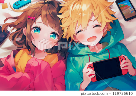 女孩和男孩玩遊戲機 119726610