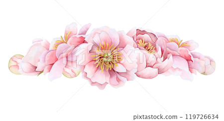 Watercolor peonies flowers horizontal banner template illustration isolated on white background. Elegant garden rose for spring wedding design and pastel floral greeting cards. Hand drawn clipart 119726634