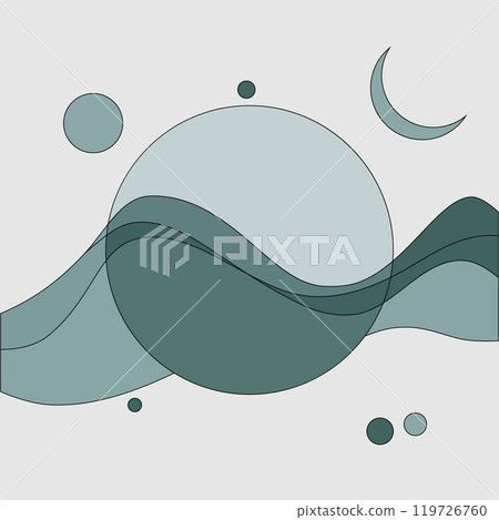 Abstraction with wavy lines and circles. Vector illustration with abstract circles and wavy lines in green and gray tones, creating a sense of movement and rhythm. Abstraction with wavy lines and circles. Vector illustration with abstract circles and wavy lines in green and gray tones, creating a sense of movement and rhythm. 119726760
