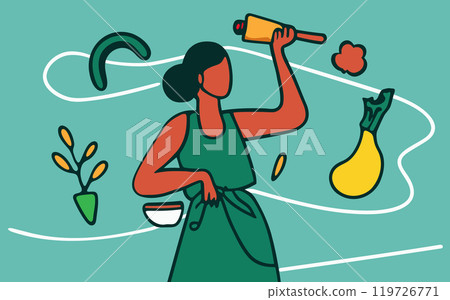 Continuous one line body positive people cooking Continuous one line body positive people cooking 119726771