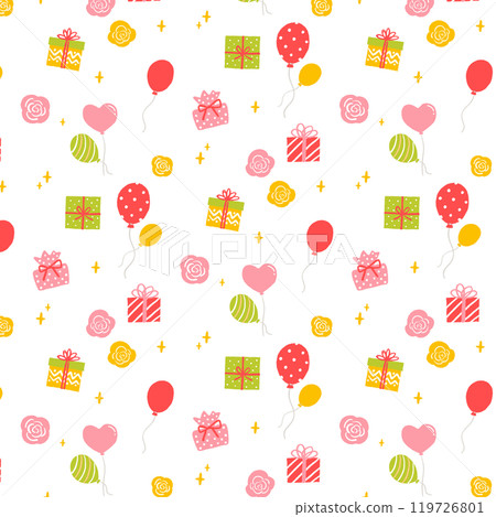 可愛的禮物、氣球和花朵圖案插圖 可愛的禮物、氣球和花朵圖案插圖 119726801