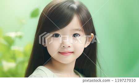 Portrait of smiling asian girl child with long white hair creamy green background. 119727010