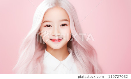 Portrait of asian girl child with long white hair pink background. 119727082