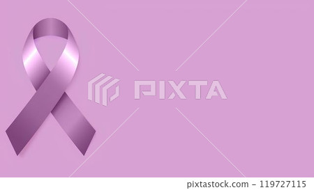 Purple ribbon as a symbol of World Cancer Day on a lilac background with space for text Purple ribbon as a symbol of World Cancer Day on a lilac background with space for text 119727115