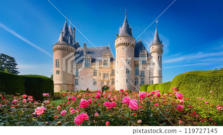 Medieval European castle and rose garden 119727145
