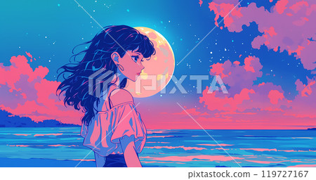 A stylish anime-style girl looking at the sea at night A stylish anime-style girl looking at the sea at night 119727167