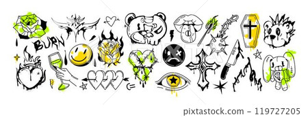 Spray paint graffiti inky bear, smile face emoji, coffin with cross and street art goth stickers 119727205