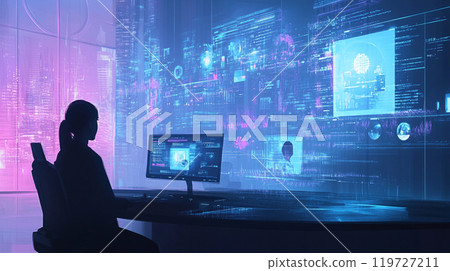 A woman looking at a monitor in a futuristic office 119727211