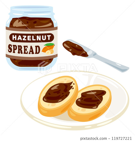A jar of hazelnut chocolate spread and a plate of baguettes 119727221