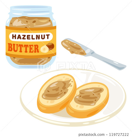 罐子裡裝著榛果醬，盤子裡裝著法國麵包 119727222