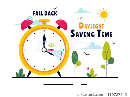 Daylight Saving Time Vector Illustration with Alarm Clock and Calendar Transitioning from Summer to Fall in a Flat Style Cartoon Background Design Daylight Saving Time Vector Illustration with Alarm Clock and Calendar Transitioning from Summer to Fall in a Flat Style Cartoon Background Design 119727243