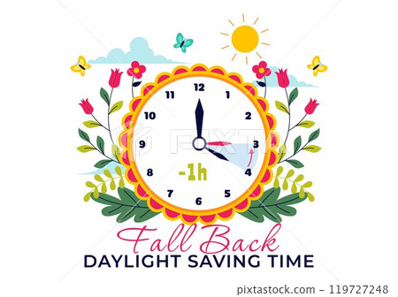 Daylight Saving Time Vector Illustration with Alarm Clock and Calendar Transitioning from Summer to Fall in a Flat Style Cartoon Background Design 119727248