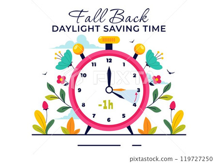 Daylight Saving Time Vector Illustration with Alarm Clock and Calendar Transitioning from Summer to Fall in a Flat Style Cartoon Background Design 119727250
