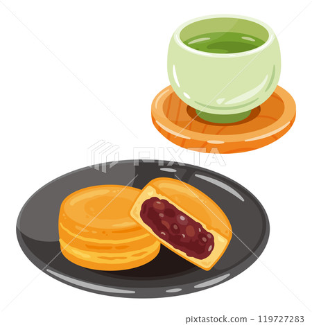 今川燒與茶一起盛在盤子裡 今川燒與茶一起盛在盤子裡 119727283