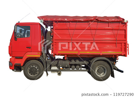 Dump track isolated. Red construction truck on empty background. Heavy construction equipment Dump track isolated. Red construction truck on empty background. Heavy construction equipment 119727290
