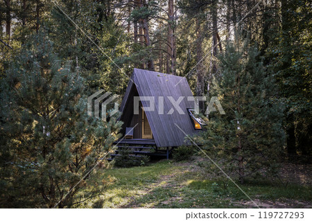 Cabin in forest. Cozy a frame house in the forest for relaxation and rest. Green architecture in nature 119727293