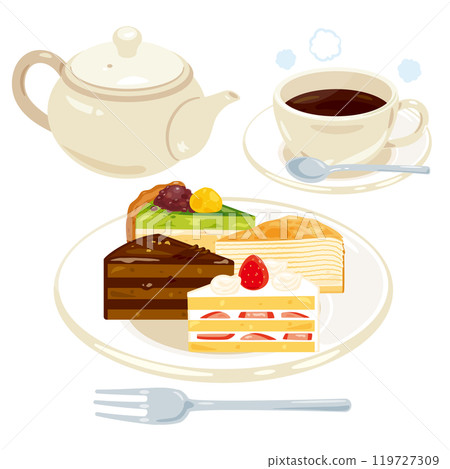 Various cakes on a plate and a coffee set 119727309