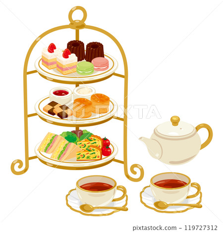 下午茶攤上的小吃和茶具 下午茶攤上的小吃和茶具 119727312