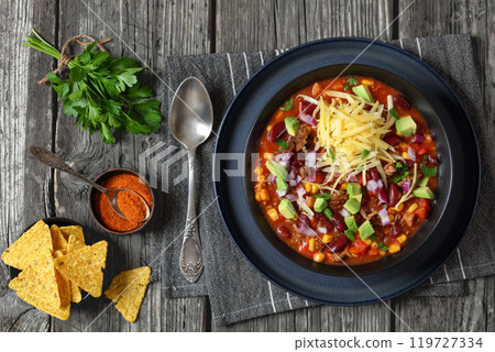 taco soup with kidney bean, corn, ground beef taco soup with kidney bean, corn, ground beef 119727334
