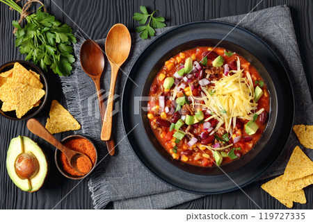 taco soup with kidney bean, corn, ground beef taco soup with kidney bean, corn, ground beef 119727335