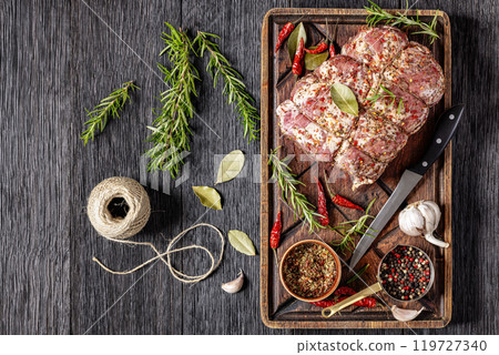 Prepared for roast Raw Pork neck butt, top view 119727340