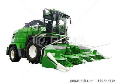 Combine harvester isolate background. Farm agricultural machinery for harvesting Combine harvester isolate background. Farm agricultural machinery for harvesting 119727346