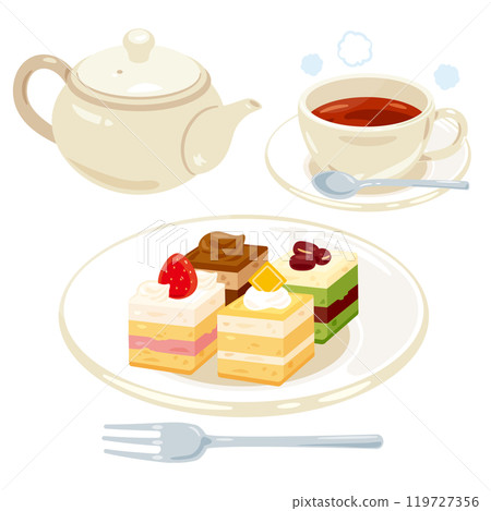 A small square cake on a plate and a tea set 119727356