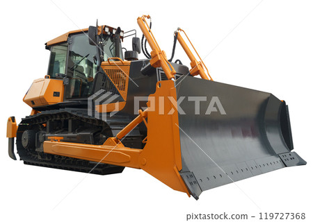 Bulldozer isolate. Crawler Construction tractor bulldozer on empty background. Construction machinery and transport 119727368