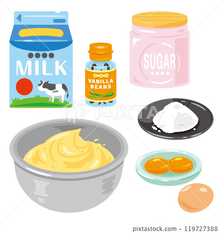Custard cream in a bowl and ingredients Custard cream in a bowl and ingredients 119727388