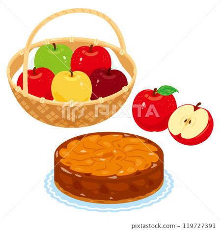 Tarte tatin and colorful apples in a basket Tarte tatin and colorful apples in a basket 119727391