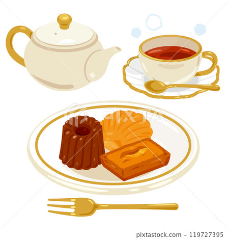 盤子上的烘焙糖果和茶具 盤子上的烘焙糖果和茶具 119727395