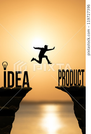 From idea to product concept. Jumping businessman against sunset. Business, company, development concept. From idea to product concept. Jumping businessman against sunset. Business, company, development concept. 119727396