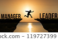 Business leader concept. Skill increase from manager to team leader. Jumping man at sunset. 119727399