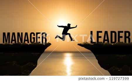 Business leader concept. Skill increase from manager to team leader. Jumping man at sunset. 119727399