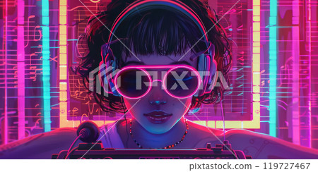 Girl wearing neon-lit sunglasses and headphones in a vibrant cyberpunk environment 119727467