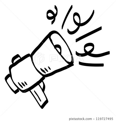 Loudspeaker doodle drawing. Emergency bullhorn speaker. Cartoon loud alert warning. Sketch media propaganda. Marketing megaphone announce or broadcast 119727495