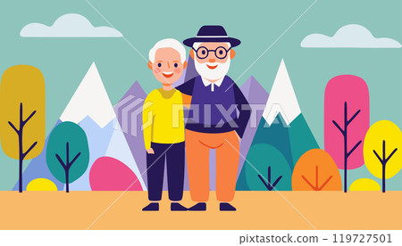 Hand drawn illustration Grandparentsday grandparents with grandson Hand drawn illustration Grandparentsday grandparents with grandson 119727501