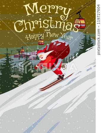 Poster retro Merry Christmas, Santa Claus skiing in snow mountains 119727604