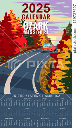 Calendar Monthly 2025 Ozark Missouri travel vintage poster, autumn road, car. Retro illustration 119727607
