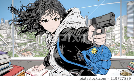 Young woman firing a gun 119727889