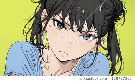 一位年輕女子嘟起嘴，臉上露出不悅的表情 119727892