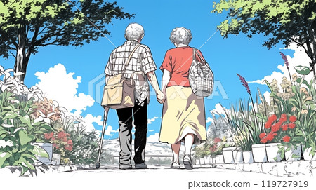 老夫妻手牽手散步 119727919