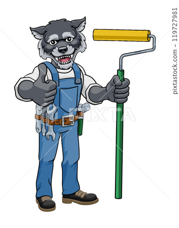 Wolf Painter Decorator Paint Roller Mascot Man Wolf Painter Decorator Paint Roller Mascot Man 119727981