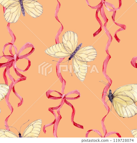 Seamless ornament of satin bows. Watercolor pattern made of pink silk ribbons. Decor for birthdays, weddings, Valentine's day. Decoration in boho style on a orange background. Seamless ornament of satin bows. Watercolor pattern made of pink silk ribbons. Decor for birthdays, weddings, Valentine's day. Decoration in boho style on a orange background. 119728074