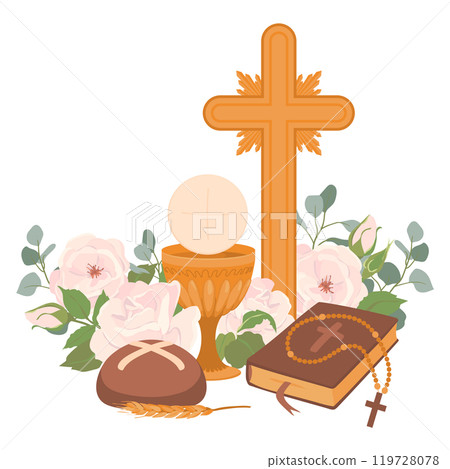Symbols of the First Communion. Vector. Golden wine cup, Grail, bread, Bible, rosary, wine, white roses and crucifix. Festively decorated altar. Symbolizes the sacred sacrifice of Jesus Christ. 119728078
