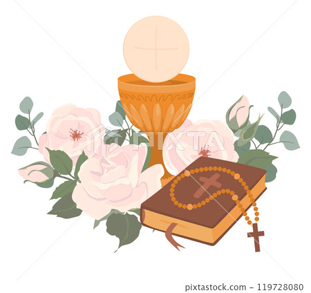 Golden cup, Bible and bread. Vector icon of the first communion. The main symbols of Christianity are the sacrifice of Jesus Christ. Grail and church bread. The altar is decorated with flowers. 119728080