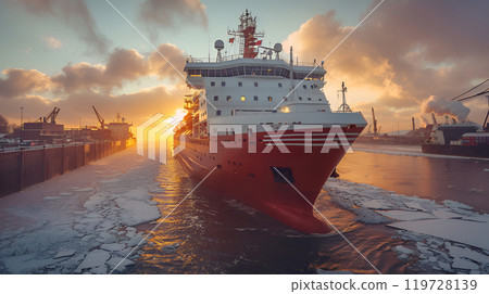 Large cargo carrier ship is floating in calm winter waters with snow and ice near the harbour infrastructure. Concept of freight shipping. 119728139