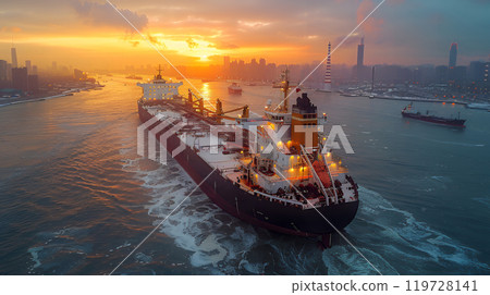 Large cargo carrier ship is floating in calm winter waters near the harbour infrastructure. Concept of freight shipping by ship service. 119728141