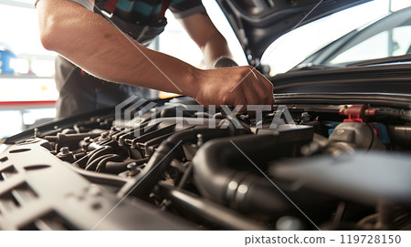 Close up photo of auto mechanic in uniform makes out diagnostics and repairs of the car engine in car workshop. Cropped image. Car maintenance service 119728150